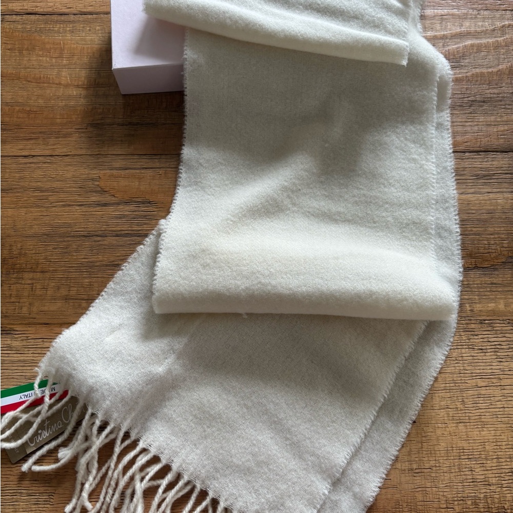 Cream Wool Blend Scarf with Fringe Detail